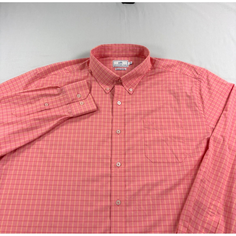 Southern Tide Intercoastal Shirt Mens 2XL Pink Orange Plaid Button Up Stretch